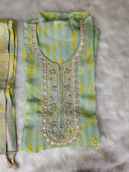 Green Printed Pure Organza Suit