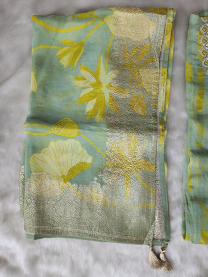 Green Printed Pure Organza Suit