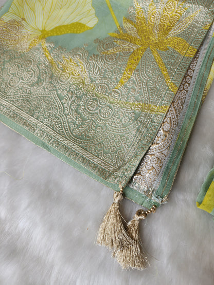 Green Printed Pure Organza Suit