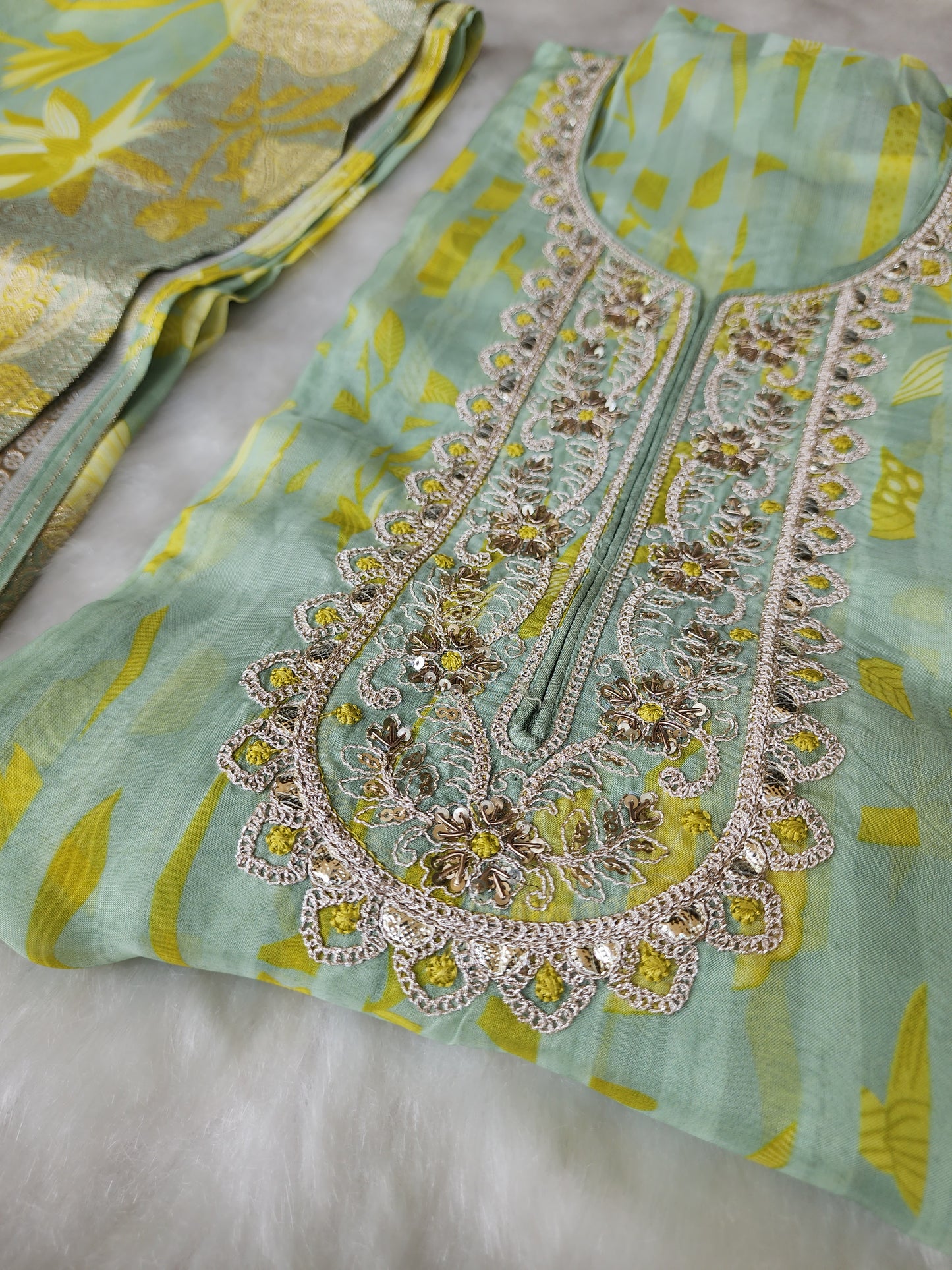 Green Printed Pure Organza Suit