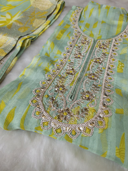 Green Printed Pure Organza Suit
