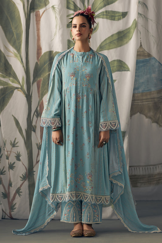 Aardhya Blue Muslin Digital Print Dress Material