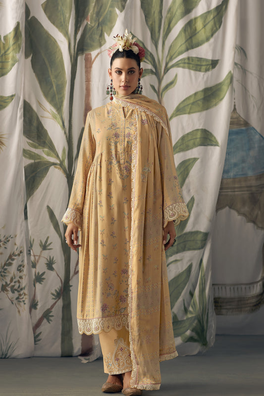 Aaradhya Beige Muslin Digital Print Dress Material