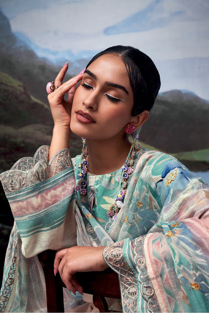 Nayomi Pink & Green Linen Printed Dress Material