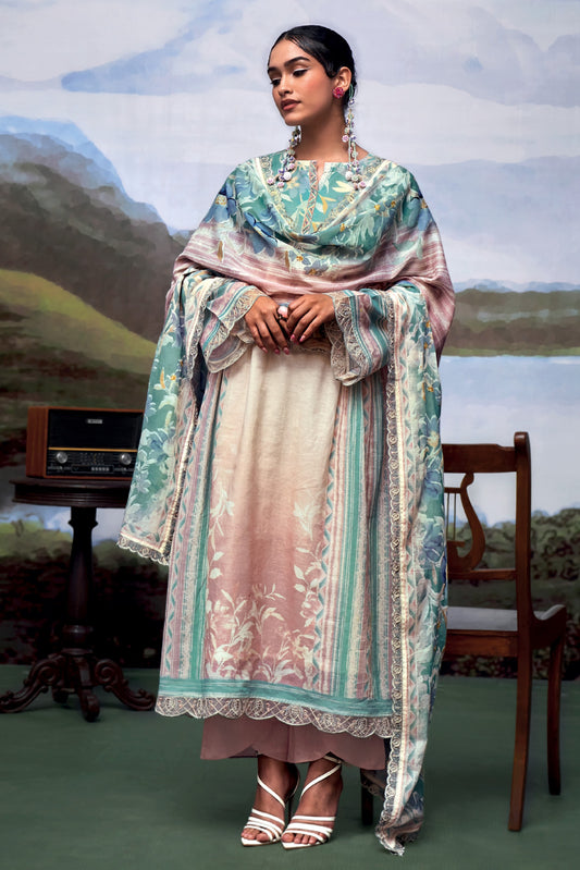 Nayomi Pink & Green Linen Printed Dress Material