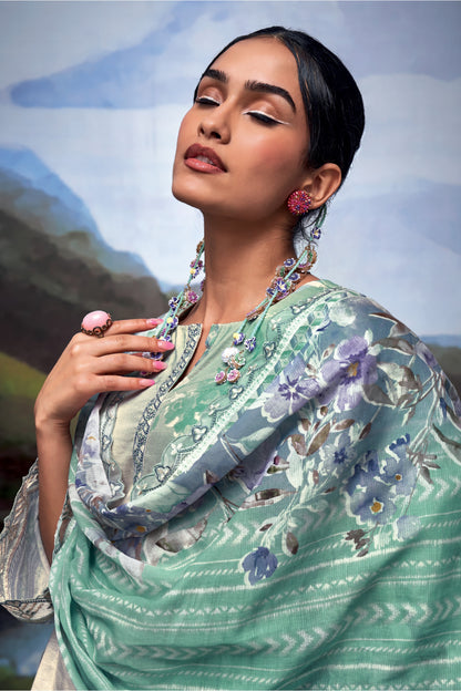 Nayomi Green Linen Printed Dress Material