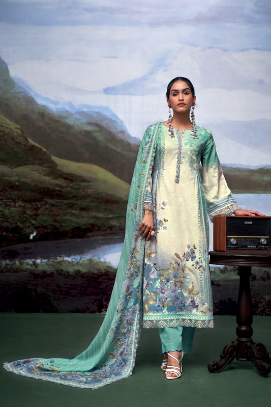Nayomi Green Linen Printed Dress Material