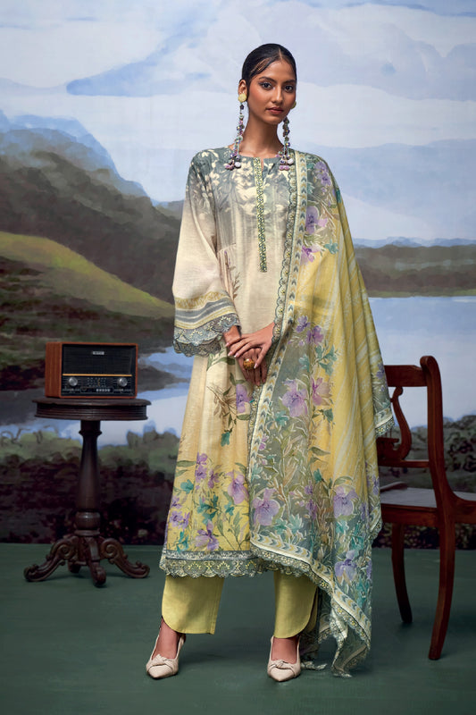 Nayomi Yellow & Lavender Linen Printed Dress Material