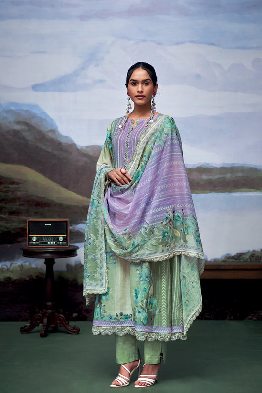 Nayomi Green & Lavender Linen Printed Dress Material