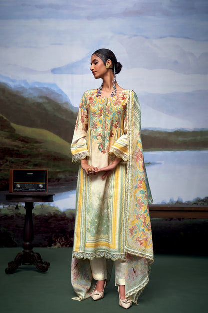 Nayomi Yellow & Brown Linen Printed Dress Material