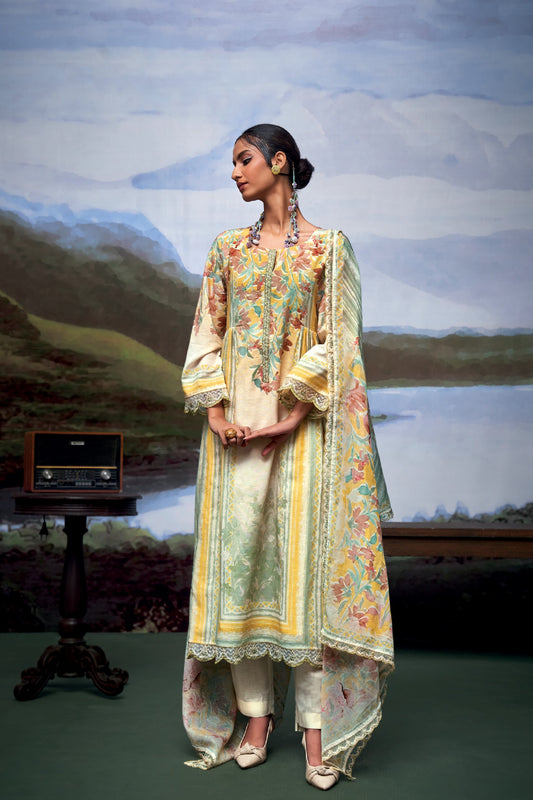 Nayomi Yellow & Brown Linen Printed Dress Material