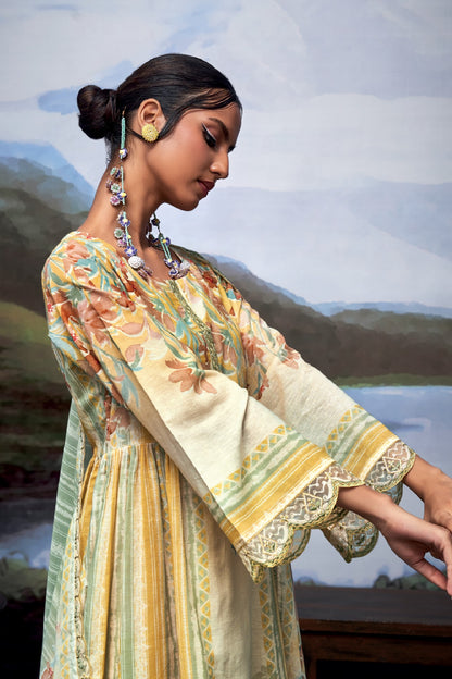 Nayomi Yellow & Brown Linen Printed Dress Material