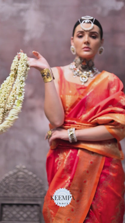 Sharini Orange Red Silk Saree